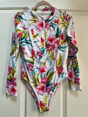 Sol Borne Zip Front Tropical Floral Long Sleeve XL Swimsuit Beach Cruise Pool